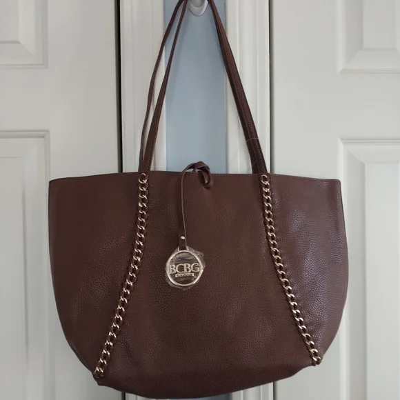 BCBG Paris Faux Brown Leather Shoulder Bag Tote - Picture 2 of 14